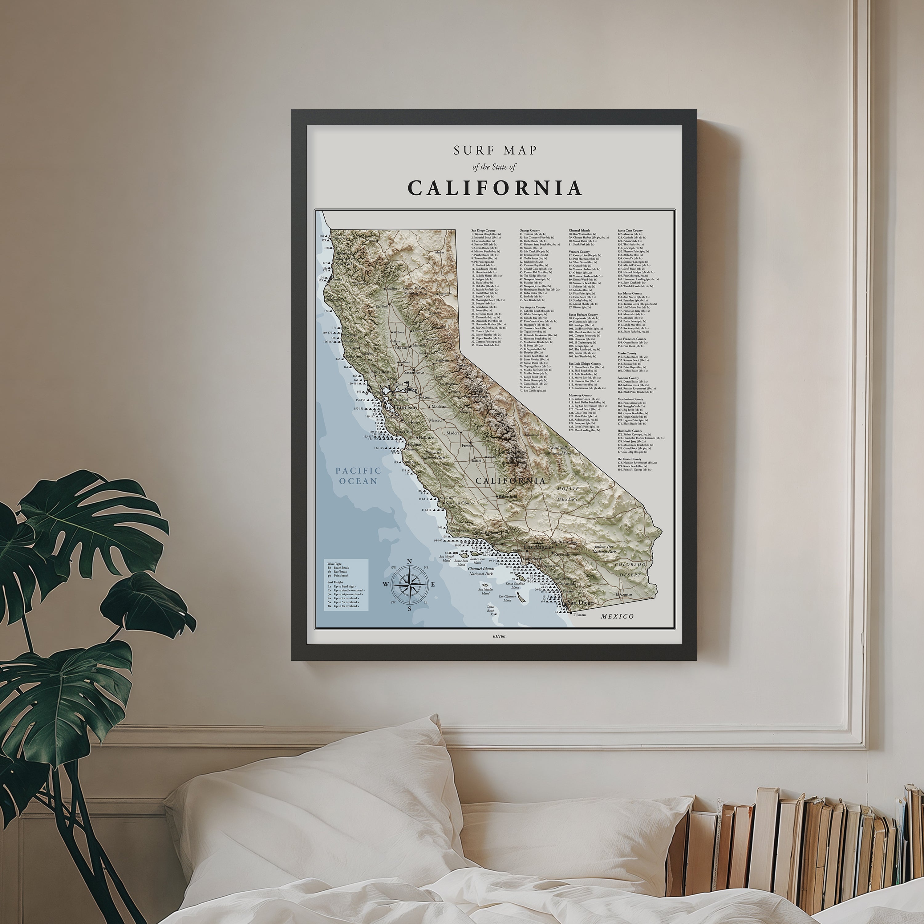 Surf Map of California - Shutter and Frame
