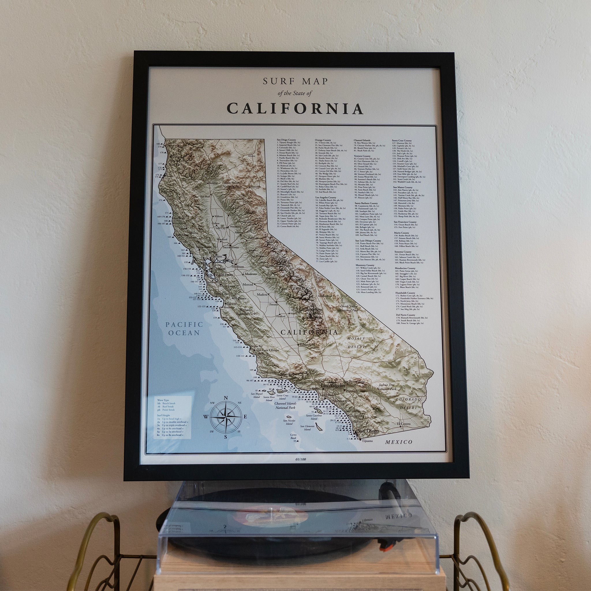 Surf Map of California - Shutter and Frame