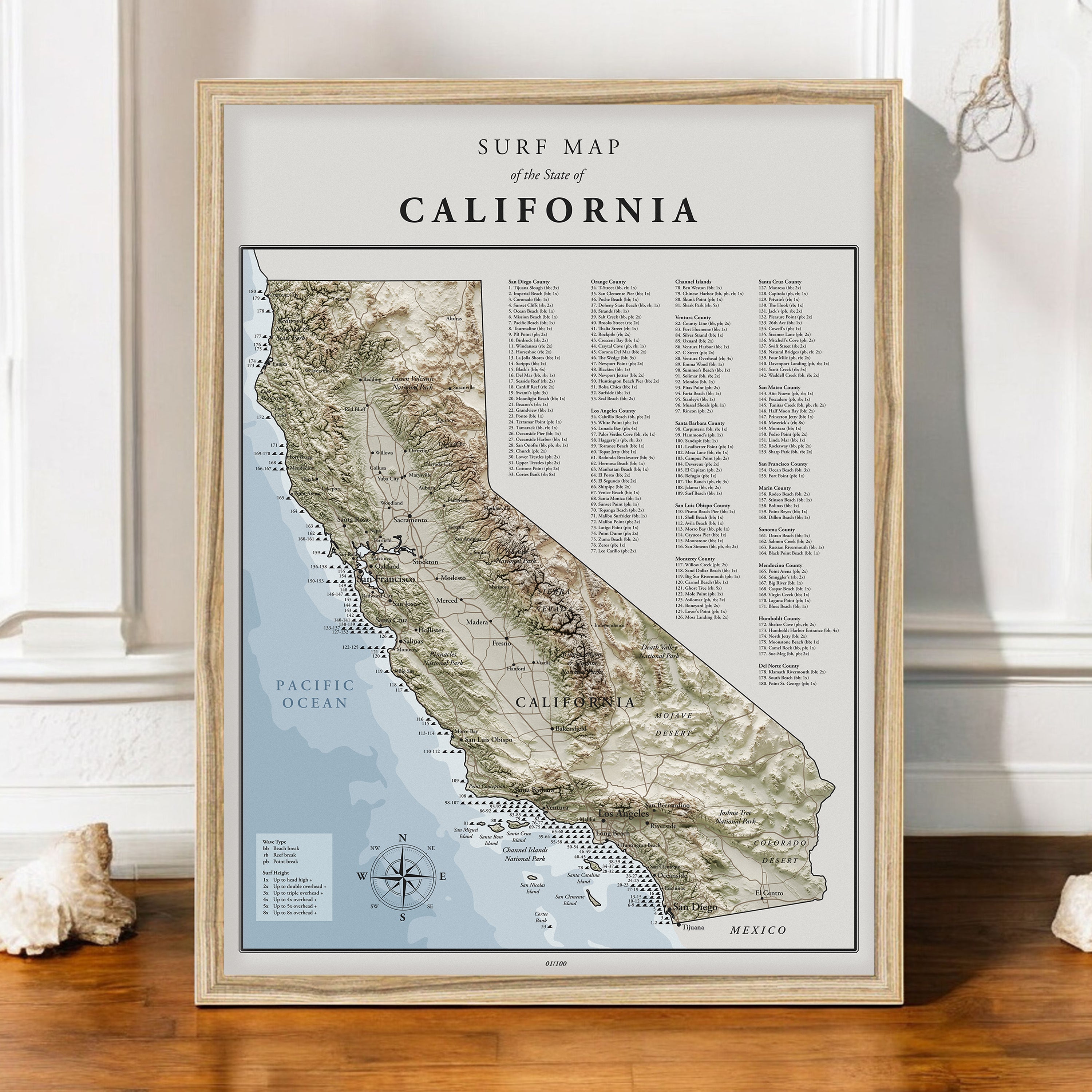 Surf Map of California - Shutter and Frame