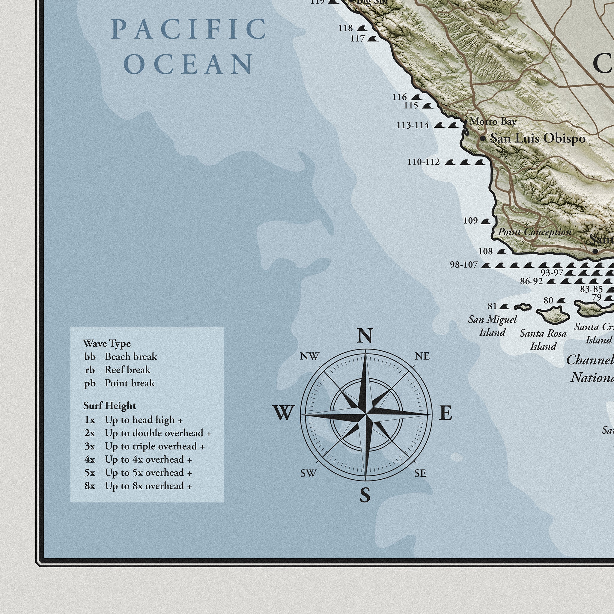 Surf Map of California - Shutter and Frame