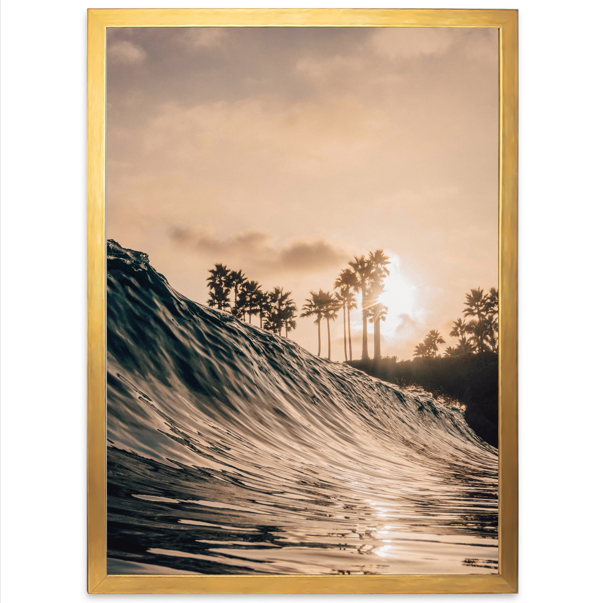 a picture of a wave with palm trees in the background