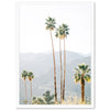 three palm trees with mountains in the background