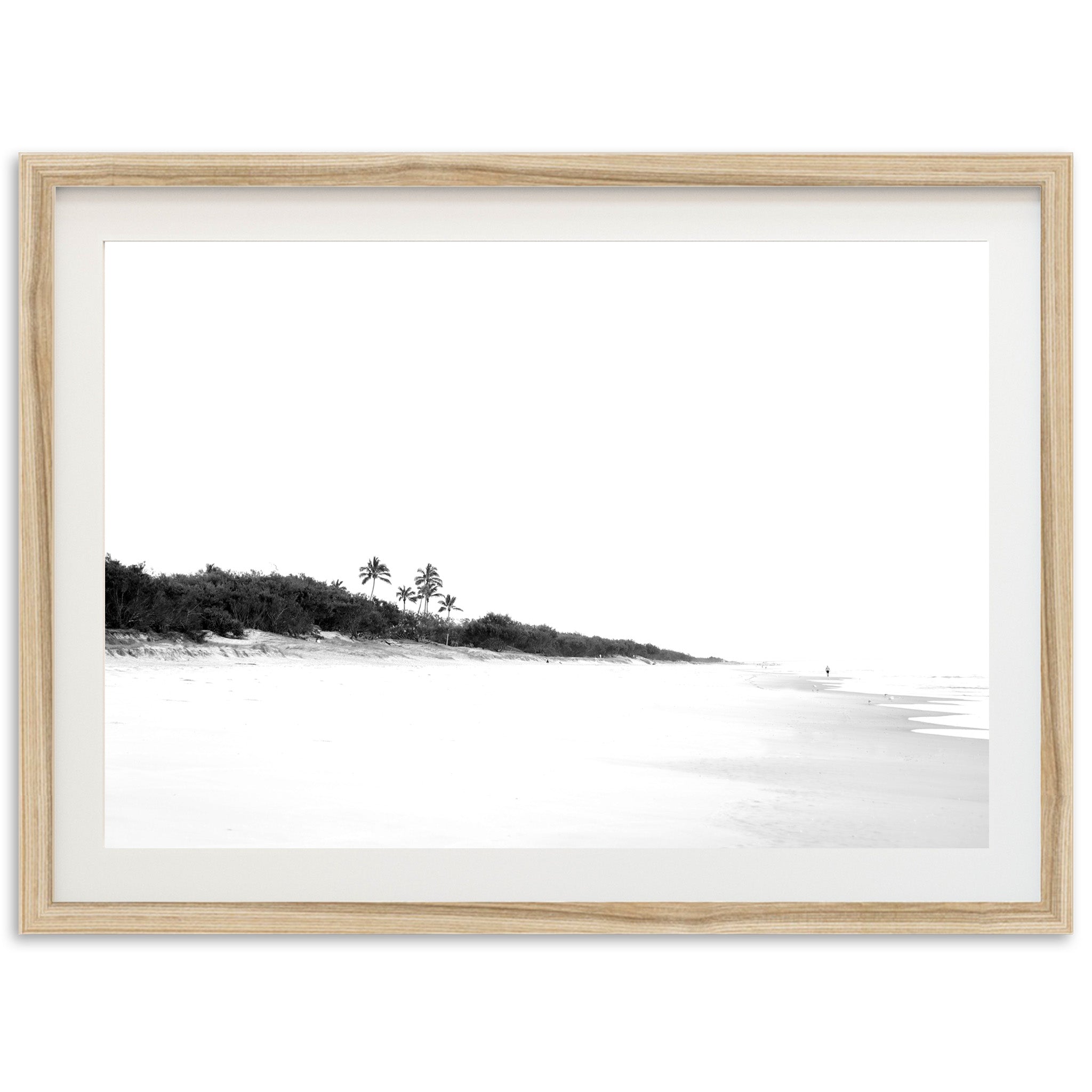 a black and white photo of a beach with palm trees