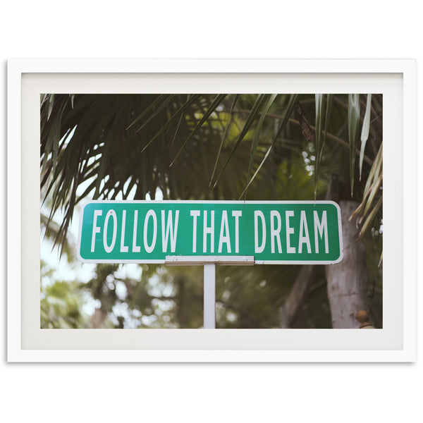 a green street sign that reads follow that dream