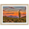 a picture of a sunset in the desert with a cactus in the foreground