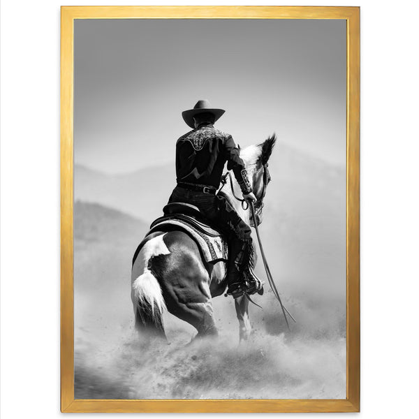 a black and white photo of a cowboy on a horse