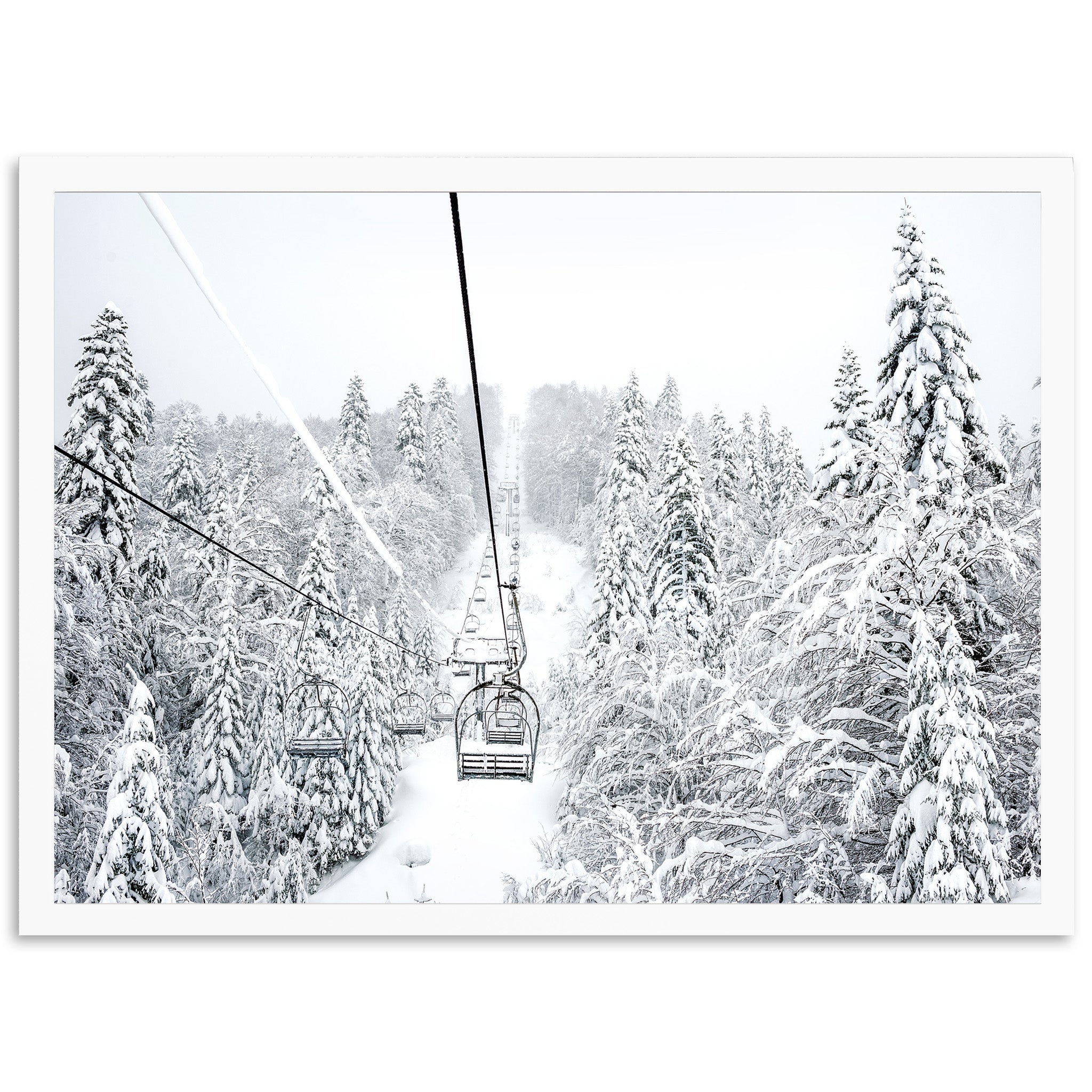 a ski lift in the middle of a snowy forest