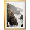 a framed photograph of a rocky coastline with pine trees