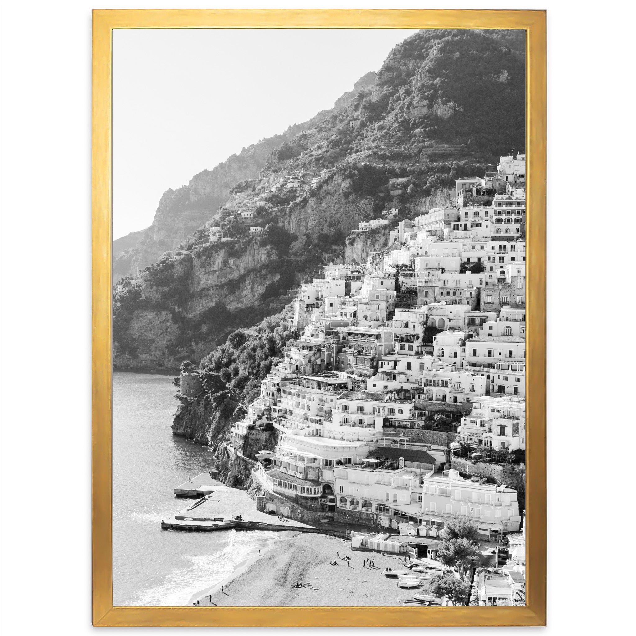 a black and white photo of a beach with houses on it