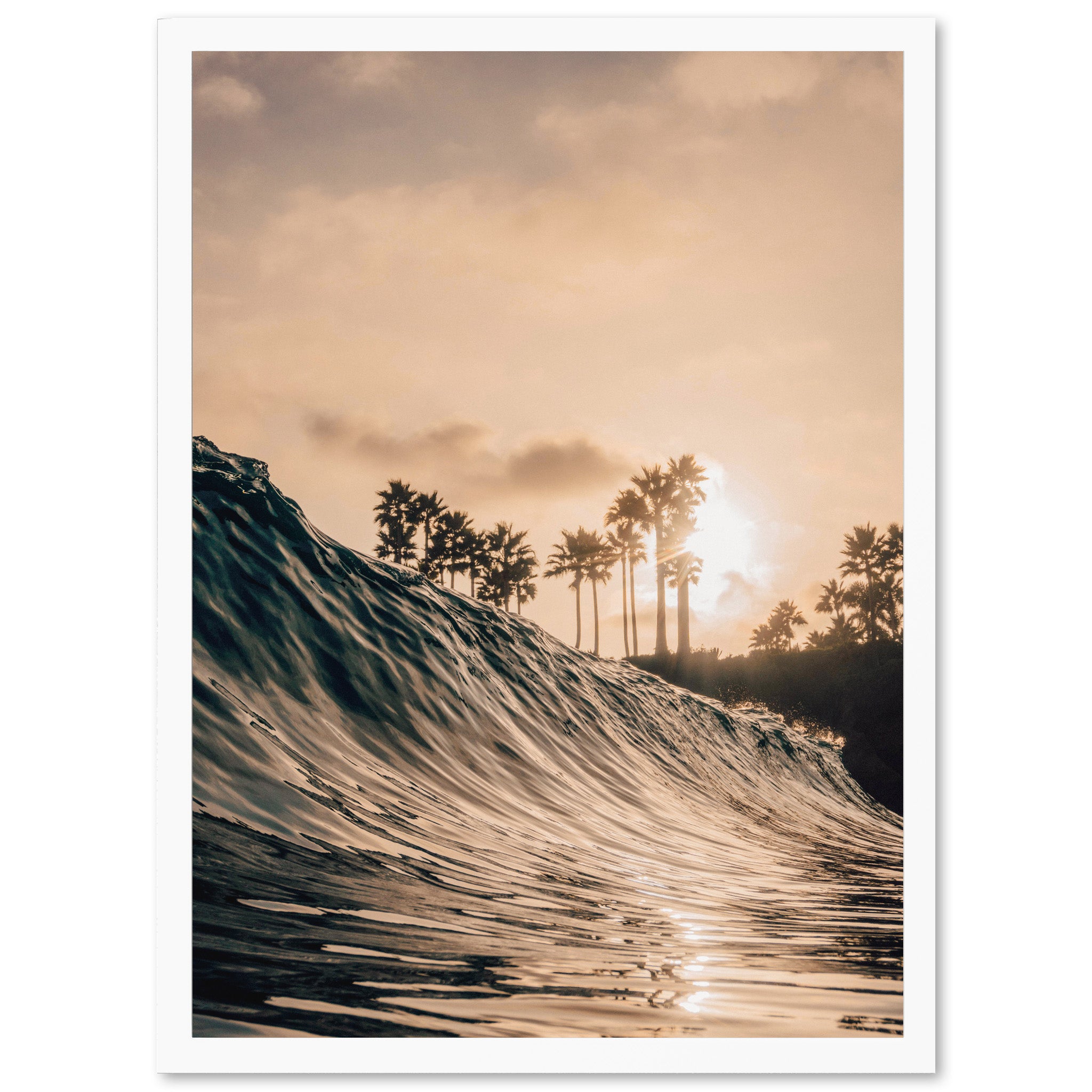 a picture of a wave in the ocean with palm trees in the background