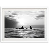 a black and white photo of two people on surfboards