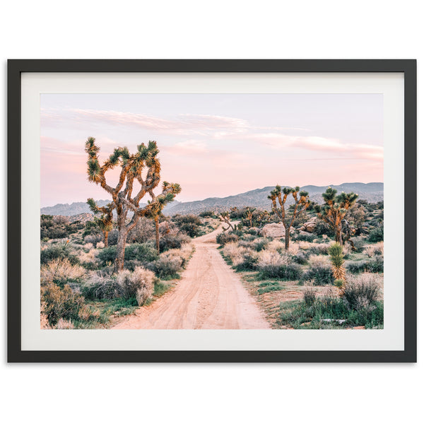 a framed photograph of a dirt road in the desert