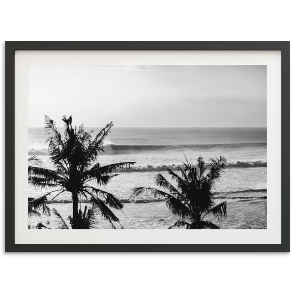 a black and white photo of a beach with palm trees