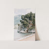 a card with a picture of a beach and trees