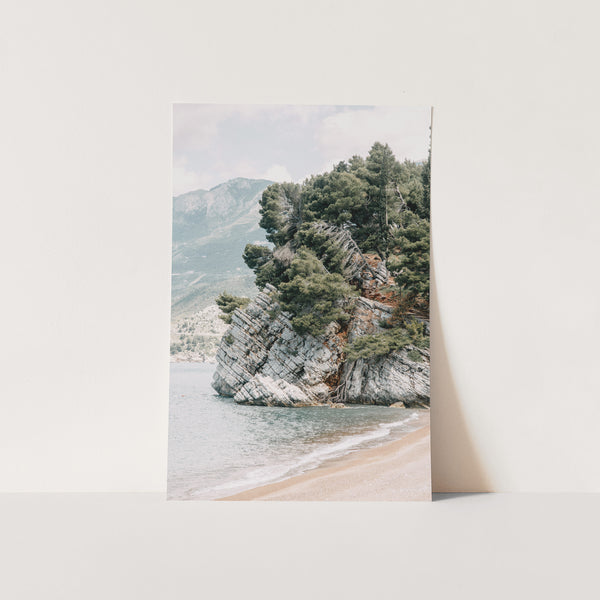 a card with a picture of a beach and trees