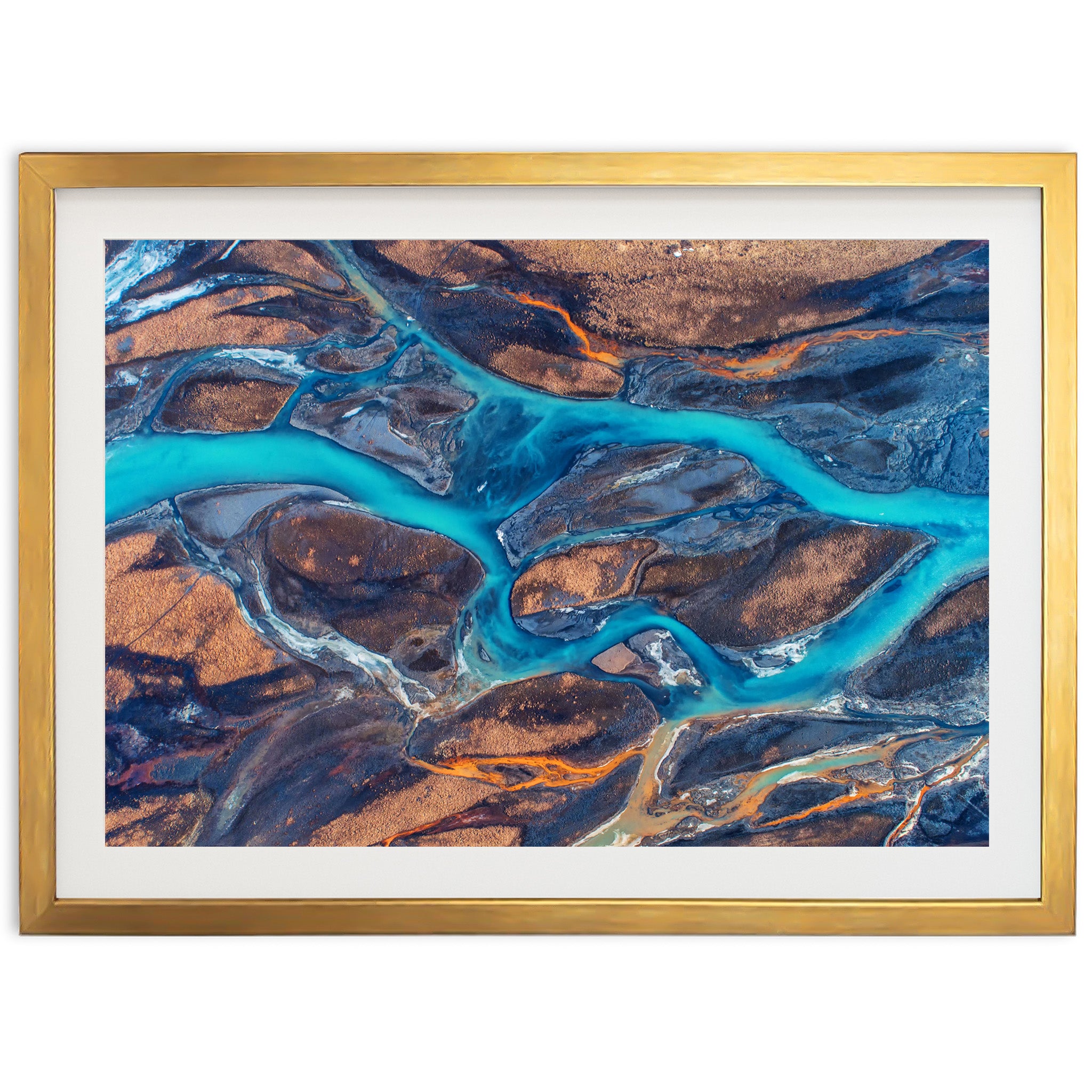 a painting of a river in a gold frame