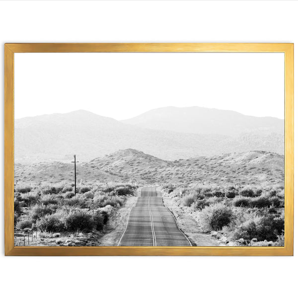 a black and white photo of a desert road