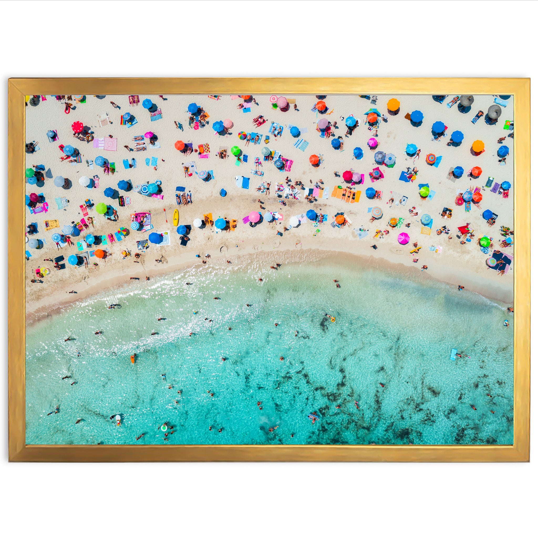 an aerial view of a beach with people and umbrellas