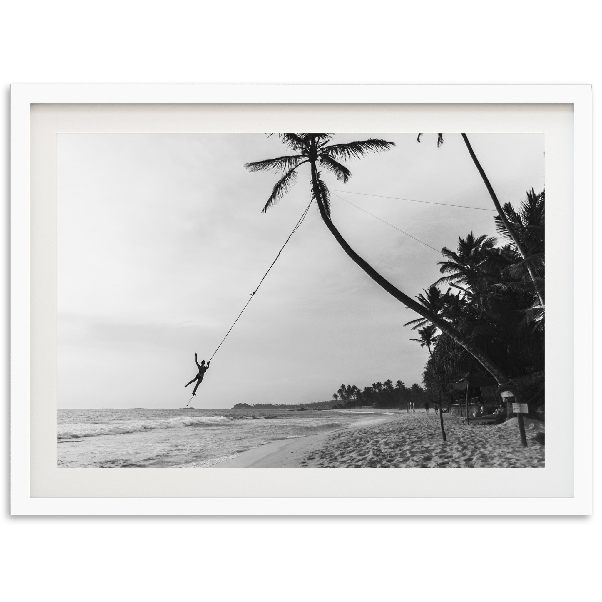 a black and white photo of a person hanging from a palm tree