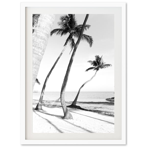 a black and white photo of palm trees on a beach