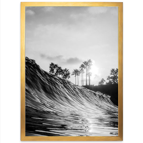 a black and white photo of a wave with palm trees in the background