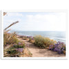 a path leading to the ocean with purple flowers