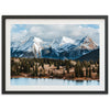 a picture of a mountain range with a lake in the foreground