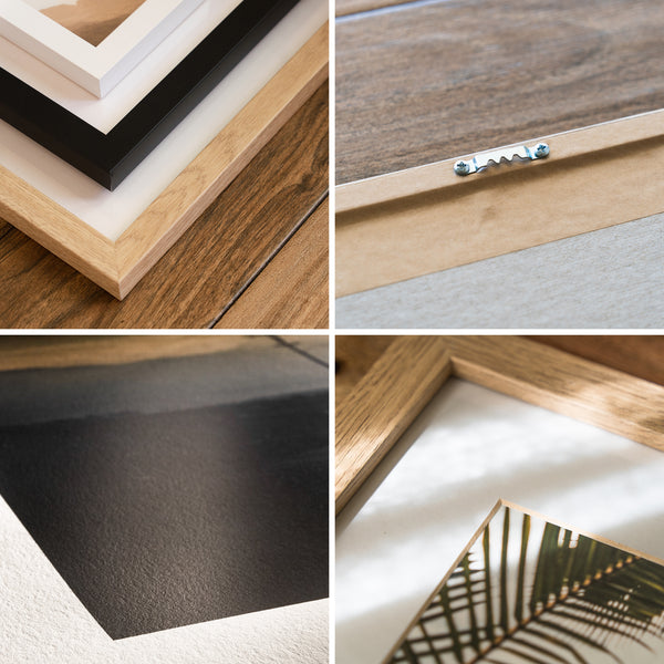 The image is a collage of four close-up photographs of various frames and surfaces, including wooden frames, black and white frames, and a wooden frame with a metal hook.