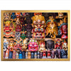 a wooden shelf filled with lots of colorful masks