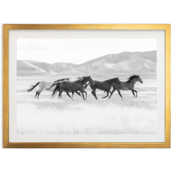 a black and white photo of three horses running in a field