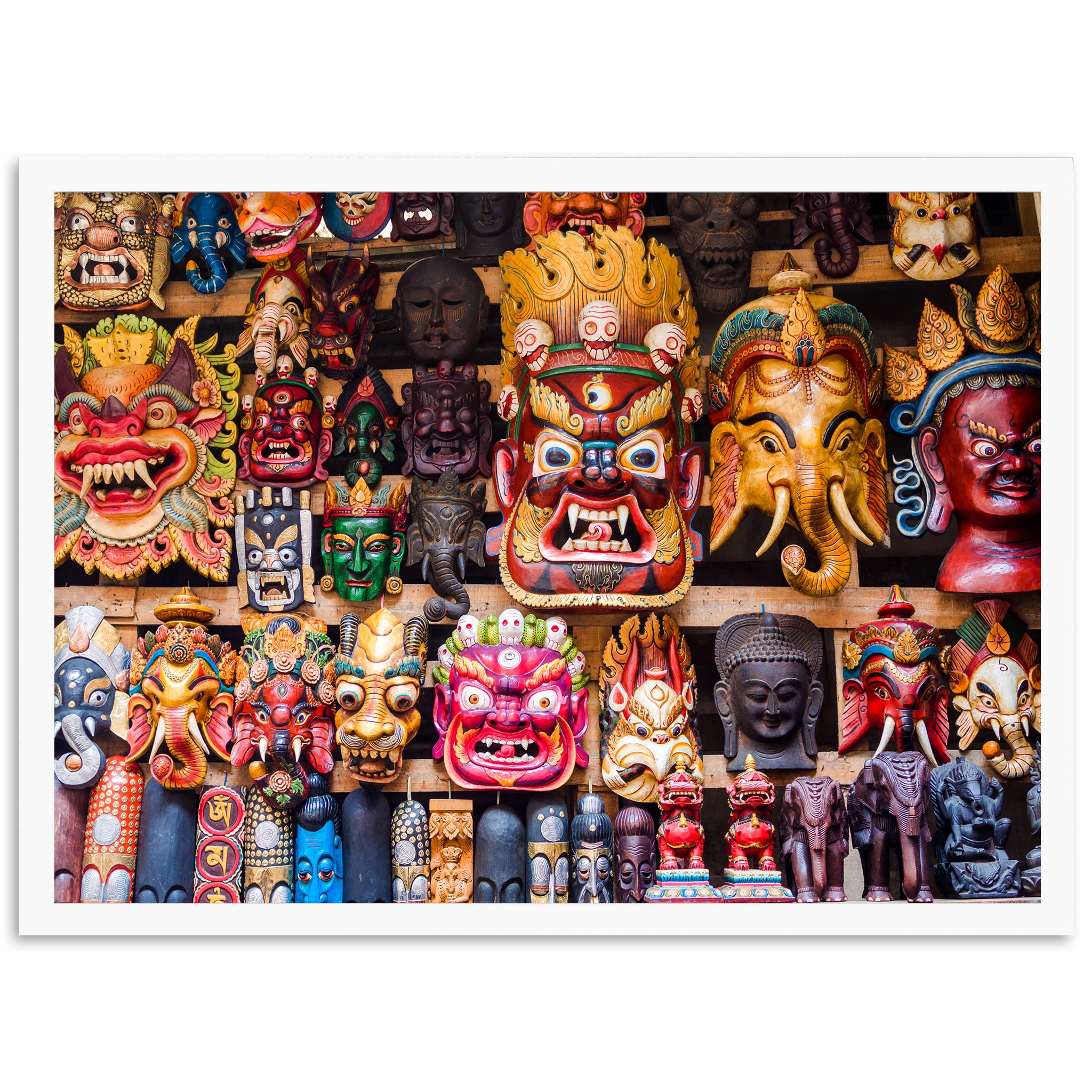 a group of colorful masks on display in a store