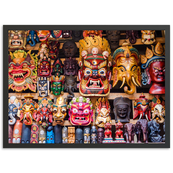 a group of colorful masks on display in a store