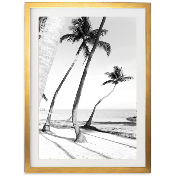 a black and white photo of palm trees on a beach