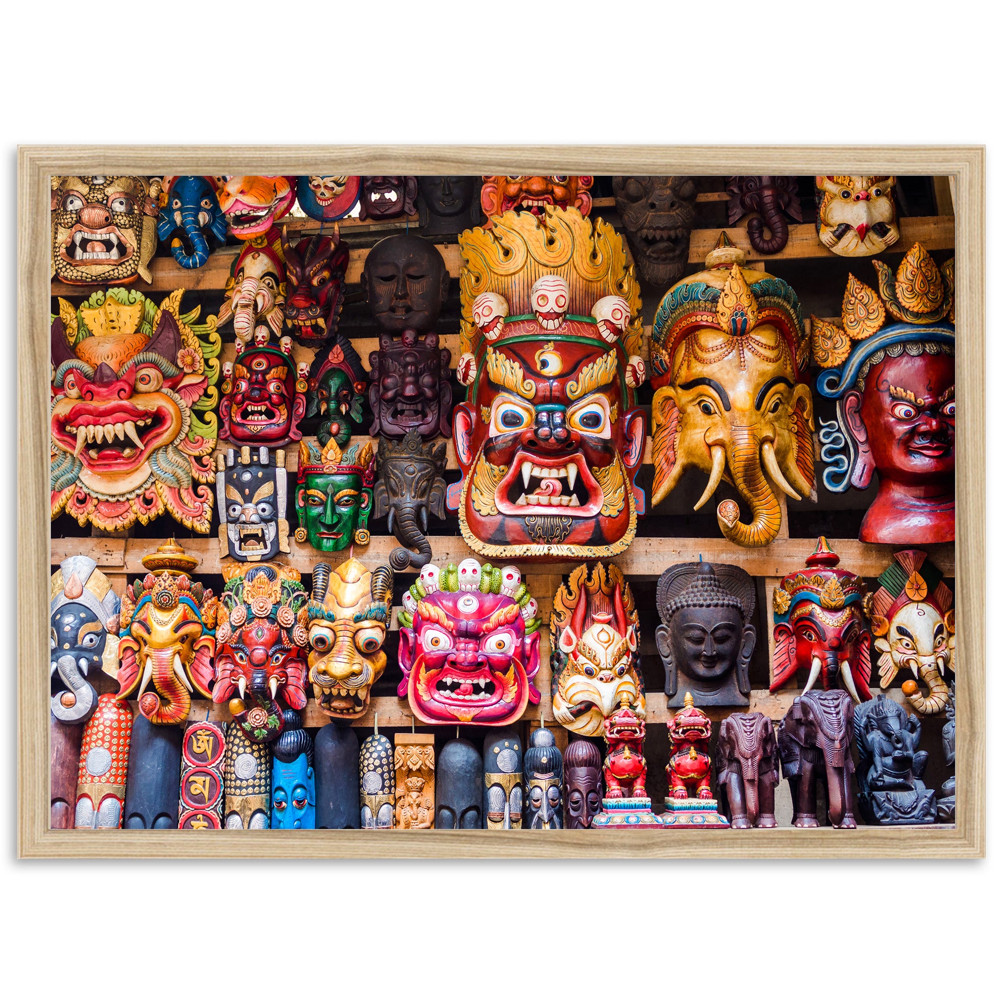 a group of colorful masks on display on a wall